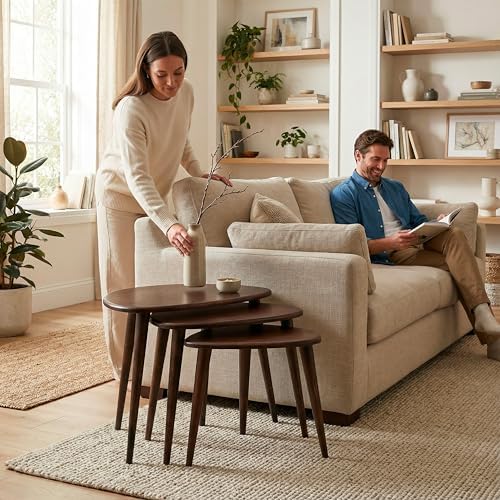 Solid Nesting Table Set of 3 - Oak Mid Century Pebble Tables with Tapered Legs – Wooden Home Furniture in a Retro Style