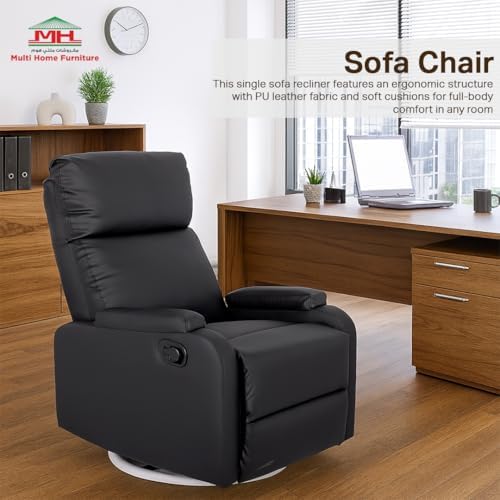 Multi Home Furniture Black Recliner Chair for Living Room – Modern Push Back Lazy Sofa Chair with 360° Swivel, Faux Leather Recliner Sofa, Single Sofa Seater Armchair Lounge Chair Sofa for Home
