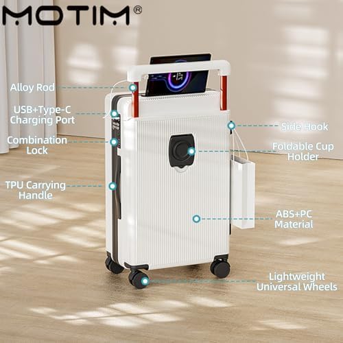 MOTIM حقيبة سفر Travel Suitcase with Wide Handle, Luggage Bag with Charging port, 360° Spinner Wheels, Lightweight Textured Hard Shell, Password Lock (22inch)