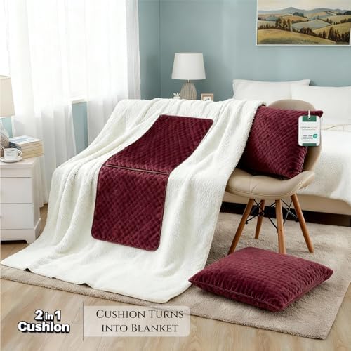 Cotton Home® DIY Blanket, Sherpa Blanket 160x220cm - Ultra-Soft Velvet Throw Blanket for Ultimate Warmth and Comfort, With Zip Enclosure Converts into Cushion, Burgundy