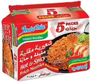 Indomie Instant Fried Noodles Hot & Spicy with Seasoning Powder and Sauce (Pack of 5 - 80 g Each)