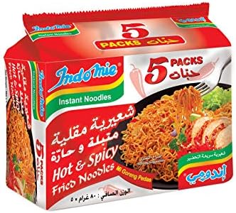 Indomie Instant Fried Noodles Hot & Spicy with Seasoning Powder and Sauce (Pack of 5 - 80 g Each)