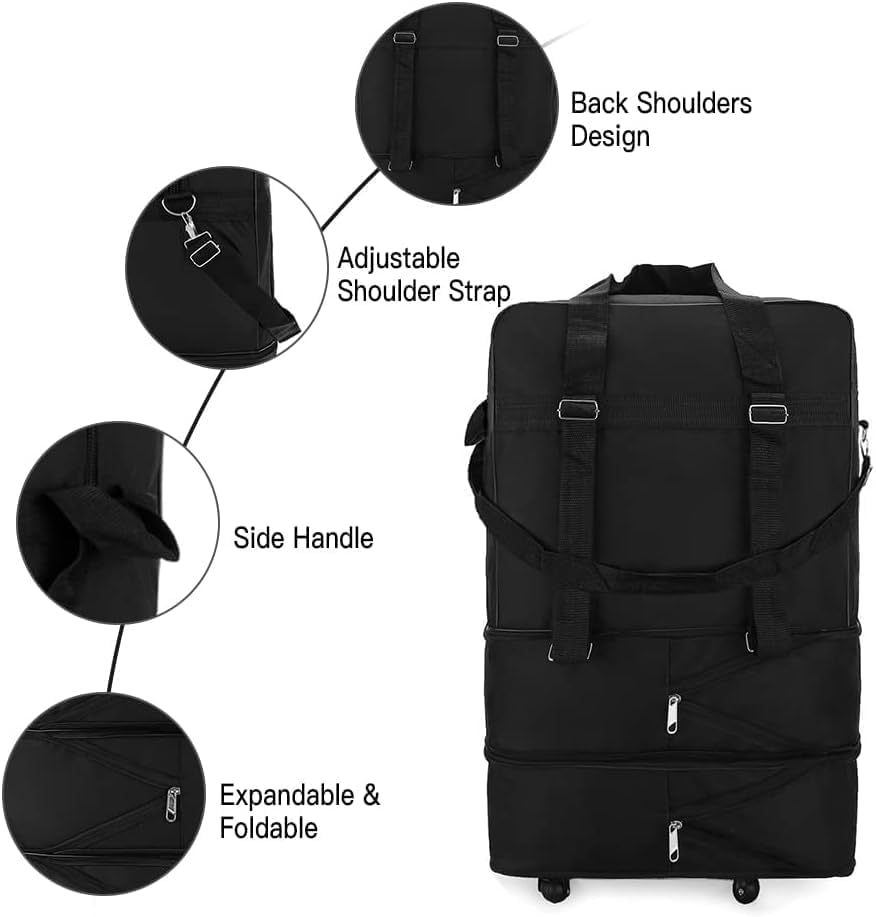 MX 2Pack Travel Moving Trolley Luggage Foldable Bag with Wheels XX-Large 30kg/120L Waterproof Zipper Extendable Duffel Organizer Bag (Black 2Pack)