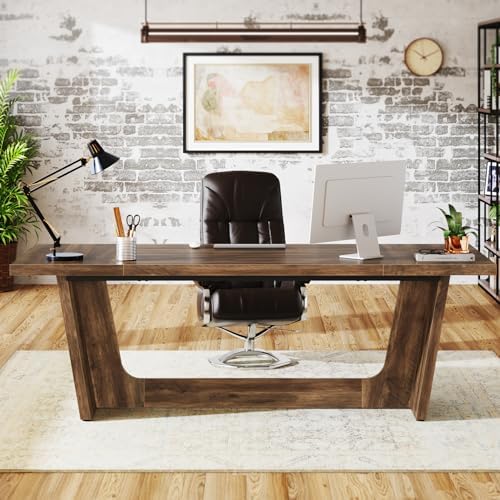 Tribesigns Office Table 180cm Computer Desk,Large Home Office Desk with Solid Wooden Pedestal, Industrial Wood Study Writing Table, Workstation Business Furniture, Brown