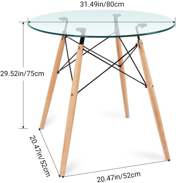 Mahmayi HYT12 110DIA Stylish Glass Round Table with Wooden Legs - Coffee Table for Living Room & Bedroom, Eiffel Support, Modern Centerpiece Furniture for Home Decor - 110CM (Translucent)
