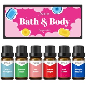 Fragrance Oils, ESSLUX Bath & Body Scented Essential Oils for Diffusers for Home, 10mlx6 Premium Soap Candle Making Scents, Aromatherapy Oils Gift Set - Coconut Fresh, Minty Eucalyptus, Sakura Delight