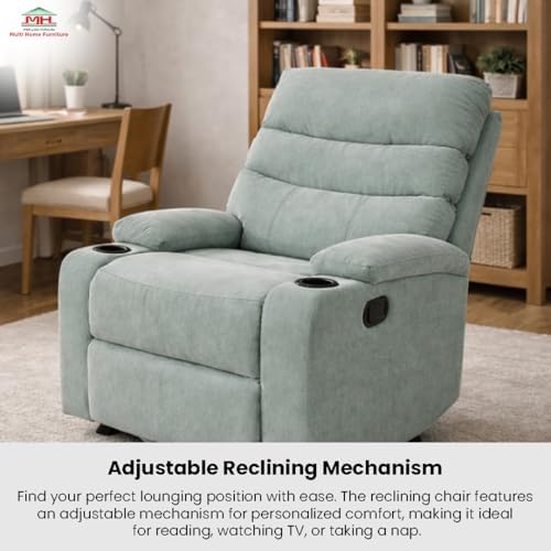 Multi Home Furniture Blue Recliner Chair – Lazy Sofa Chair with Rocking & 360° Swivel Motion, Dual Cup Holder, Remote Control Function, PU Leather Sofa Fabric Recliner Sofa Single Sofa Living Room