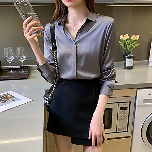 Women's Satin Blouse Fashion Long Sleeve Satin Silk Shirt Work Office Top Casual Shirt