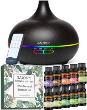 Rakoon Ultimate Essential Oil Diffusers & Essential Oil Set, Aromatherapy Diffuser for Home with Top 10 Essential Oils, 550ml Air Diffuser for Large Room, 4 Timer & 15 Ambient Light