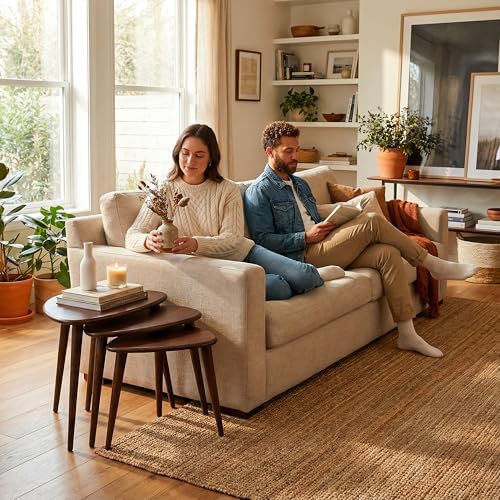 Solid Nesting Table Set of 3 - Oak Mid Century Pebble Tables with Tapered Legs – Wooden Home Furniture in a Retro Style