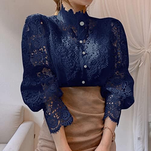 Women’s Stand Collar Lace Patchwork Shirts Casual Hollow Out Flower Petal Sleeve Button Tops