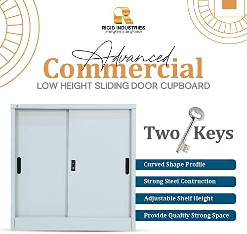 RIGID Curved Steel Sliding Doors Storage Cabinet | Metal Storage Unit with Key Lock & Adjustable Shelf | Heavy Duty Small Cupboard for Home Office Gym Hospital (Grey, 93.5H x 90W x 47D CM) -Assembled