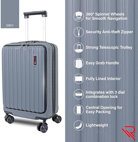 REFLECTION Business Travel 20"Carry On Luggage with Front Open Laptop Compartment|Hardside Suitcase|4 Spinner Wheels|Premium Quality|Professional look(Grey)