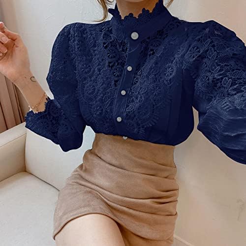 Women’s Stand Collar Lace Patchwork Shirts Casual Hollow Out Flower Petal Sleeve Button Tops