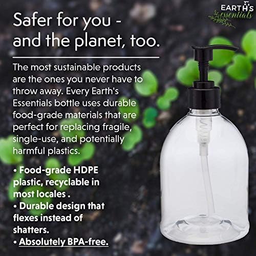 Earth's Essentials (2 Pack) Versatile 16 Ounce Refillable Designer Pump Bottles. Excellent Liquid Hand Soap, Homemade Lotion, Shampoo and Massage Oil Dispensers. Shatterproof PET Plastic.