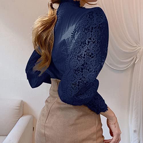 Women’s Stand Collar Lace Patchwork Shirts Casual Hollow Out Flower Petal Sleeve Button Tops