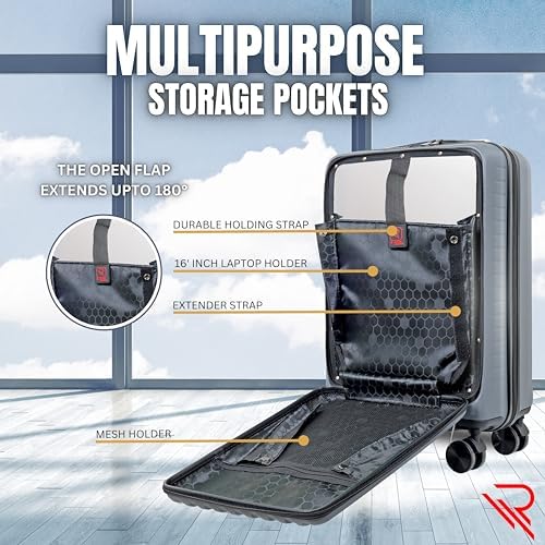 REFLECTION Business Travel 20"Carry On Luggage with Front Open Laptop Compartment|Hardside Suitcase|4 Spinner Wheels|Premium Quality|Professional look(Grey)