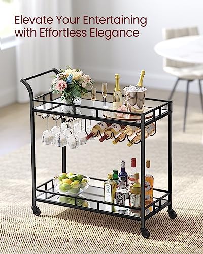 VASAGLE Bar Cart Black, Home Bar Serving Cart, Wine Cart with 2 Mirrored Shelves, Wine Holders, Glass Holders, for Kitchen, Dining Room, Black ULRC090B62