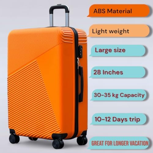 Hard Shell Lightweight 28 Inch (30-35kg) Orange Luggage, Smooth Wheels, Secured Lock