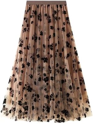 Women's Floral Print Tulle Midi Skirt Elastic High Waist Pleated Mesh Flowy A-Line Tutu Skirts for Party Bridesmaid Wedding Daily