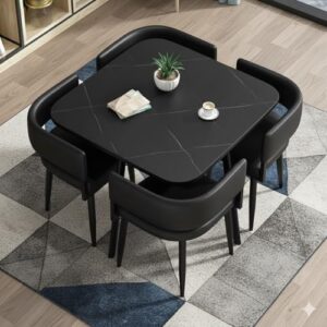 Luxury Ceramic Marble Dining Table Set – Space Saving Square Dining Table with Metal Legs & PU Leather Cushioned Chairs – Modern 4 Seater Dining Room Furniture for Home, Kitchen| Black