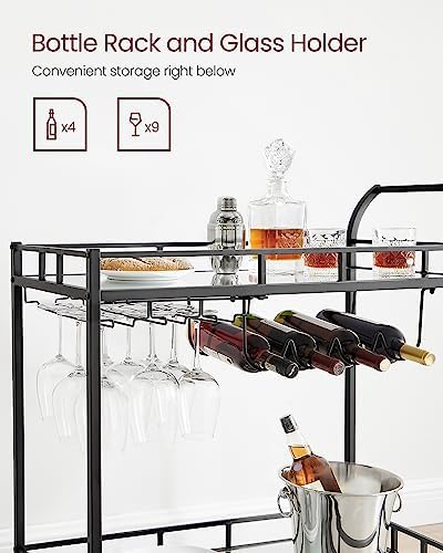 VASAGLE Bar Cart Black, Home Bar Serving Cart, Wine Cart with 2 Mirrored Shelves, Wine Holders, Glass Holders, for Kitchen, Dining Room, Black ULRC090B62