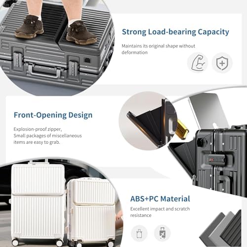 LIODUX Hardshell Zipperless Carry On Luggage, Aluminum Frame Suitcases with Quiet Wheels, Travel Luggage without Zipper, Lightweight Fashion Carry-on with Cup Holder & USB C Ports (White, 20 Inch)