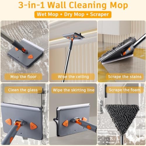 200cm Wall Cleaner Mop with Long Handle, 3-in-1 Adjustable Baseboard Cleaning Mop Sweeper, Triangle Ceiling Cleaning Tool Duster with Extendable Pole 2 Heads 8 Reusable Pads Squeegee for Window Floor