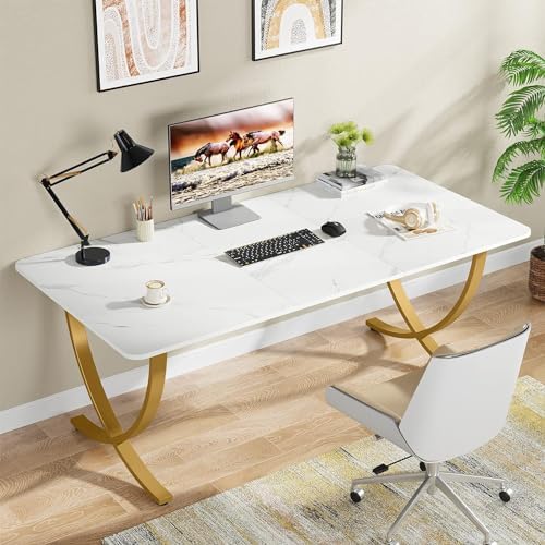 Tribesigns Executive Desk, 160cm W x 80cm D Large Office Desk, Modern Computer Desk Conference Table Meeting Room Table, Business Furniture for Home Office, White and Gold