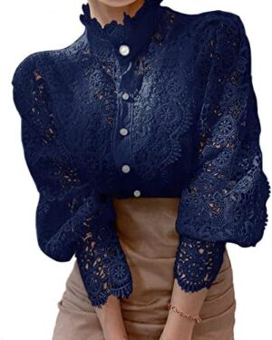 Women’s Stand Collar Lace Patchwork Shirts Casual Hollow Out Flower Petal Sleeve Button Tops