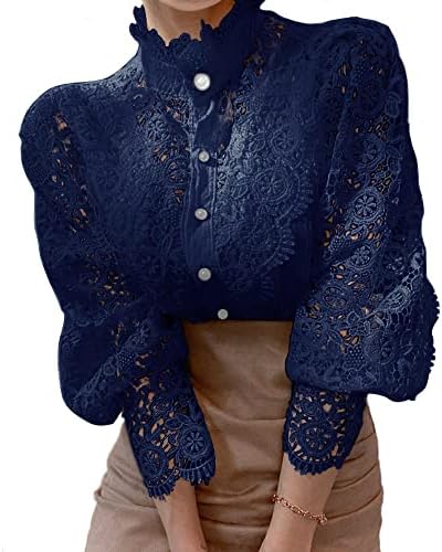 Women’s Stand Collar Lace Patchwork Shirts Casual Hollow Out Flower Petal Sleeve Button Tops