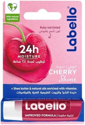 Labello Cherry Shine Lip Balm, 24H Melt-In Moisture, with Shea Butter and Natural Oils Enriched with Vitamins, with Natural Ingredients, Mineral Oil Free, Vegan, 4.8g