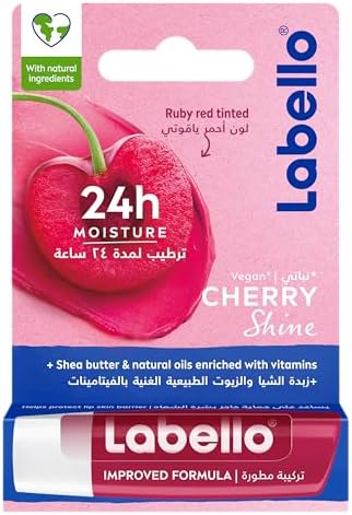 Labello Cherry Shine Lip Balm, 24H Melt-In Moisture, with Shea Butter and Natural Oils Enriched with Vitamins, with Natural Ingredients, Mineral Oil Free, Vegan, 4.8g