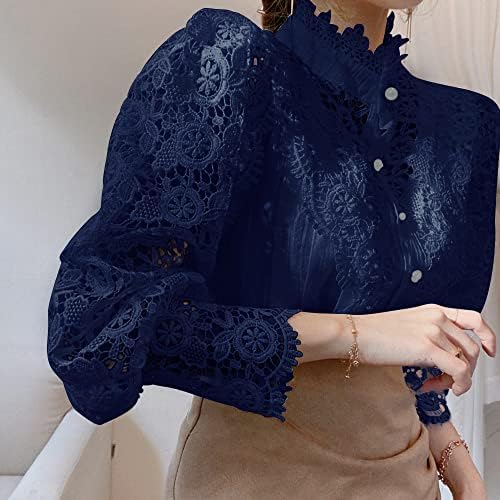Women’s Stand Collar Lace Patchwork Shirts Casual Hollow Out Flower Petal Sleeve Button Tops