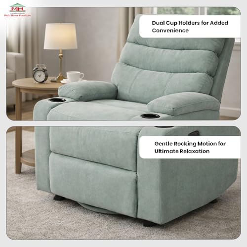Multi Home Furniture Blue Recliner Chair – Lazy Sofa Chair with Rocking & 360° Swivel Motion, Dual Cup Holder, Remote Control Function, PU Leather Sofa Fabric Recliner Sofa Single Sofa Living Room
