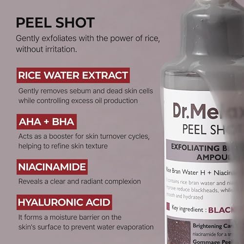 Dr.Melaxin Peel Shot Glow Black Rice Peeling Ampoule, Soft Exfoliating Face and Body Scrub Dead Skin Cells, Blackheads Remover for All Skin Types, 80ml