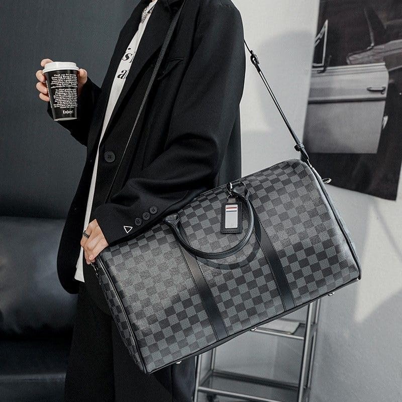 Travel Duffle Bag for Men PU Leather Sports Gym Bag Water Repellent Travel Bag for Business Weekend Getaway Overnight (Checkerboard)