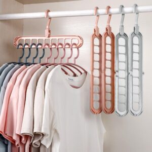 2Pcs Space Saving Hangers for Clothes Closet Organizers and Storage, Sturdy Plastic Travel Pant Hangers for Shirt Coat, Dorm College Home Apartment Essentials, with 360° Swivel Hook and 9 Holes, Pink