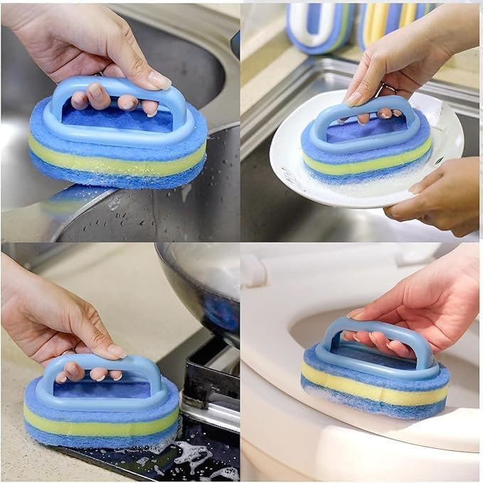 Handles Sponge Brush Blue Soft Magic Sponge Eraser Cleaning Bathtub Ceramic Tile Cleaner Kitchen Tool Household Cleaning Brush - Thick and Durable...