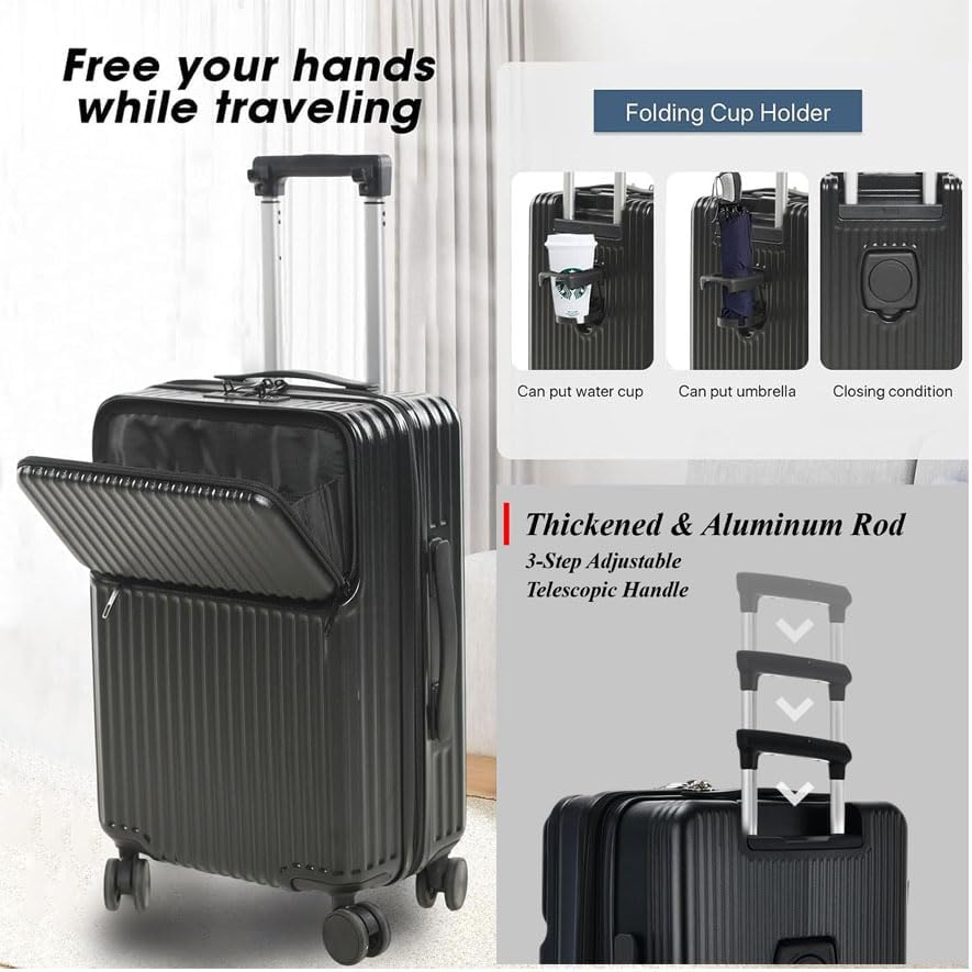 Trolley Travel Luggage Suitcase Set with Front Opening Carrying Cabin Bag Hardshell Bottle Holder Hand Bag 360° Spinner Wheels Lightweight (LIGHT BLUE, 3 PCS SET)