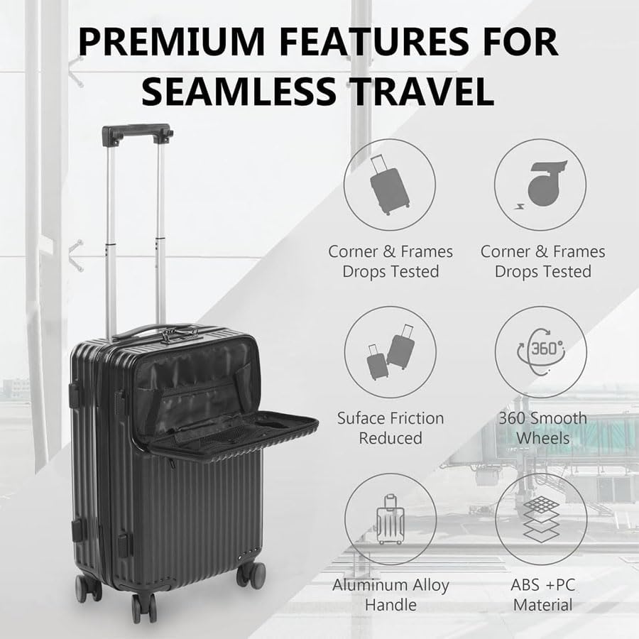 Trolley Travel Luggage Suitcase Set with Front Opening Carrying Cabin Bag Hardshell Bottle Holder Hand Bag 360° Spinner Wheels Lightweight (LIGHT BLUE, 3 PCS SET)