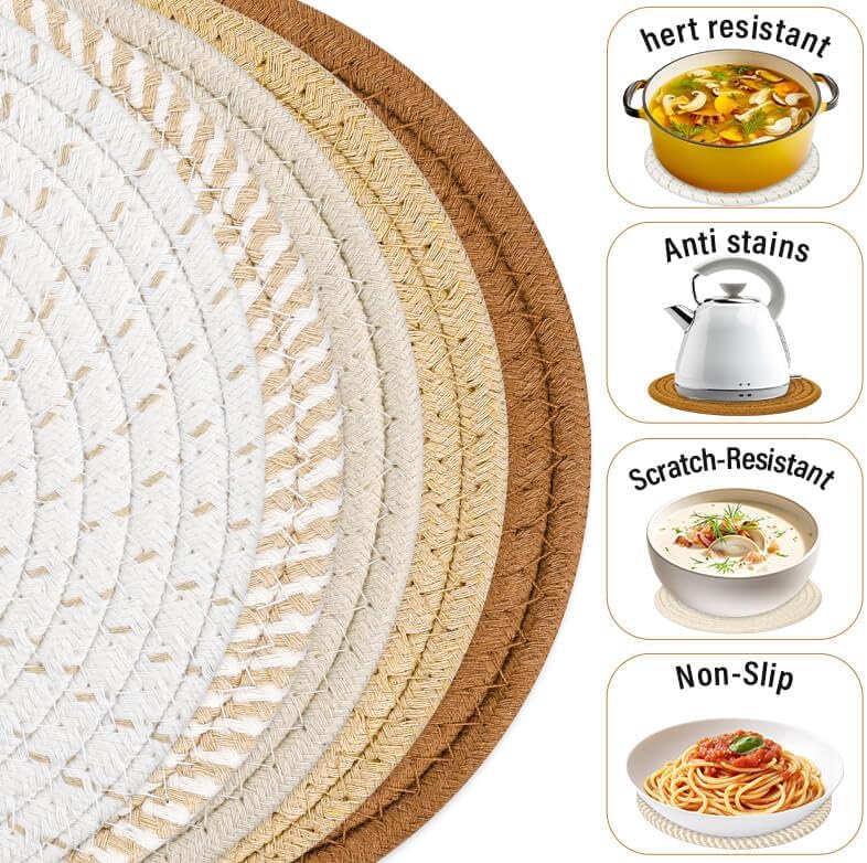 Trivet Mats Set for Hot Dishes, 5 Heat Resistant Pot Holders for Kitchen, Home Essentials, Anti Stain Hot Pads for Hot pots and Pans, Fall Decorations for Home, 7 Inches(Brown)