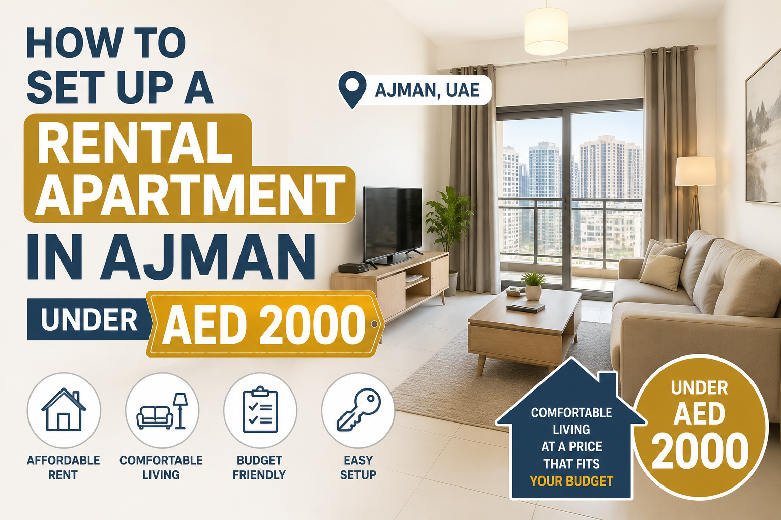 Furnished studio apartment in Ajman set up under AED 2000 with bed, kitchen essentials and storage
